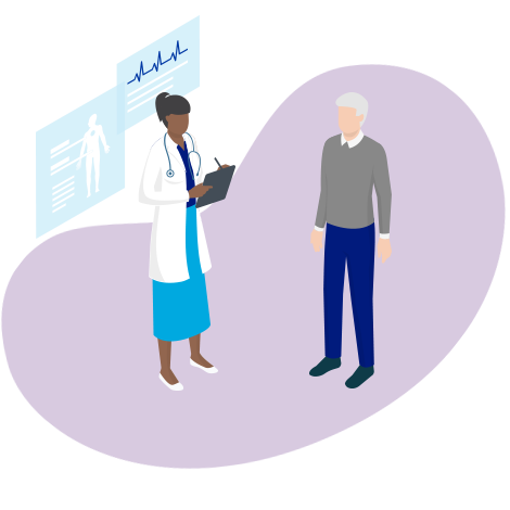 Illustration of doctor explaining kidney disease condition and treatment options to elderly patient