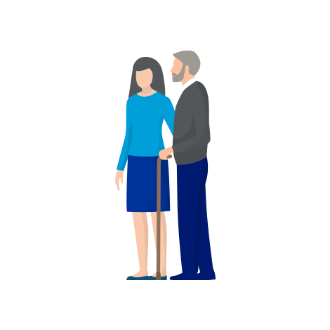 Illustration of woman supporting older man walking with a cane