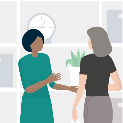 Illustration of two woman chatting indoors with each other about dialysis