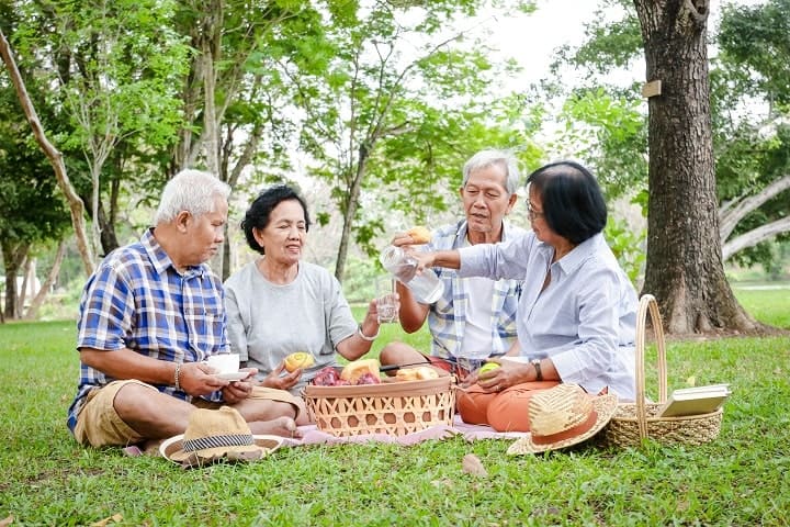 Elderly having picnic in the park