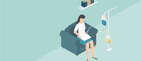 Illustration of patient reading while performing dialysis at home 